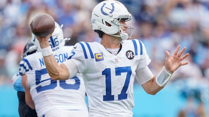 Indianapolis Colts quarterback Daniel Jones (17) passes against the Tennessee Titans during the second quarter at Nissan Stadium in Nashville, Tenn., Sunday, Sept. 21, 2025.