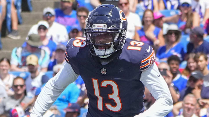 Aug 10, 2024; Orchard Park, New York, USA; Chicago Bears wide receiver Keenan Allen (13) goes in motion prior to the snap during the first half  against the Buffalo Billsat Highmark Stadium. Mandatory Credit: Gregory Fisher-Imagn Images