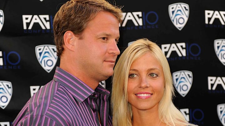 Jul 29, 2010; Los Angeles, CA, USA; USC coach Lane Kiffin and wife Layla at the Fox Sports-Pacific-10 Conference Hollywood Premiere Night at the 20th Century Fox studios.