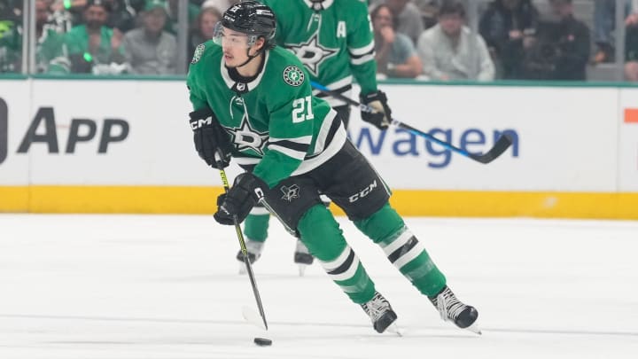 May 31, 2024; Dallas, Texas, USA; Dallas Stars left wing Jason Robertson (21) in action against the Edmonton Oilers during the second period between the Dallas Stars and the Edmonton Oilers in game five of the Western Conference Final of the 2024 Stanley Cup Playoffs at American Airlines Center. Mandatory Credit: Chris Jones-USA TODAY Sports May 31, 2024; Dallas, Texas, USA; Dallas Stars left wing Jason Robertson (21) in action against the Edmonton Oilers during the second period between the Dallas Stars and the Edmonton Oilers in game five of the Western Conference Final of the 2024 Stanley Cup Playoffs at American Airlines Center. Mandatory Credit: Chris Jones-USA TODAY Sports