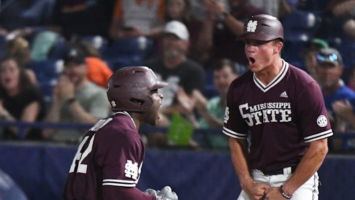May 24 2024; Hoover, AL, USA; Mississippi State batter Dakota Jordan celebrates after driving in a pair of runs against Tennessee at the Hoover Met during the SEC Tournament.