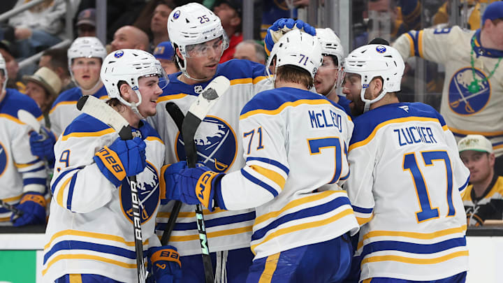 Buffalo Sabres players Owen Power, Jason Zucker, Bowen Byram and Zach Benson
