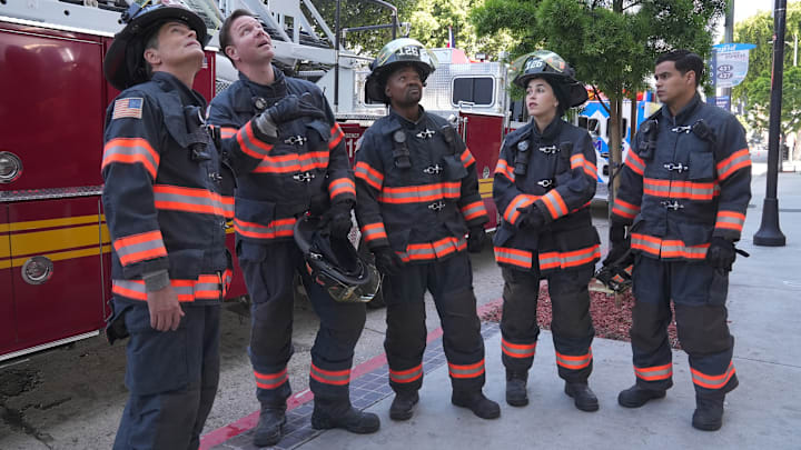 9-1-1 LONE STAR: L-R: Rob Lowe, Jim Parrack, Brian Michael Smith, Natacha Karam, and Julian Works in the "My Way" episode of 9-1-1 LONE STAR airing Monday, Oct 14 (8:00-9:02 PM ET/PT) on FOX. © 2024 Fox Media LLC.CR: Kevin Estrada/FOX.