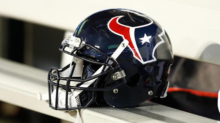 Aug 9, 2017; Charlotte, NC, USA; A Houston Texans helmet lays on the bench during the game against the Carolina Panthers at Bank of America Stadium.