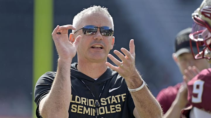Oct 11, 2025; Tallahassee, Florida, USA; Florida State Seminoles head coach Mike Norvell before the game against the Pittsburgh Panthers at Doak S. Campbell Stadium. Mandatory Credit: Melina Myers-Imagn Images