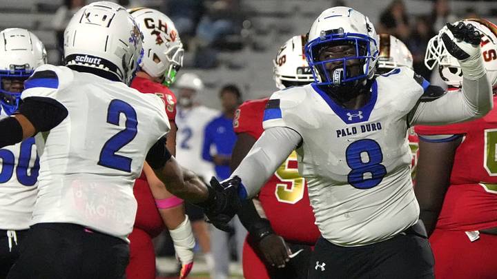 Amarillo Palo Duro's Keimaure Rayford (8) and Noah Faragoza react to Rayford's tackle against Coronado in a District 2-5A Division II football game Thursday, Oct. 8, 2026, at Lowrey Field. Amarillo Palo Duro's Keimaure Rayford (8) and Noah Faragoza react to Rayford's tackle against Coronado in a District 2-5A Division II football game Thursday, Oct. 8, 2026, at Lowrey Field.