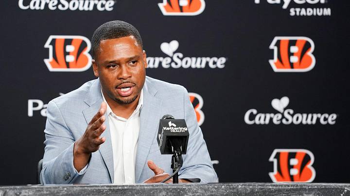 Cincinnati Bengals Assistant General Manager Trey Brown speaks with media at a press conference during the 2026 NFL Draft, Friday, April 24, 2026, at Paycor Stadium in downtown Cincinnati.
