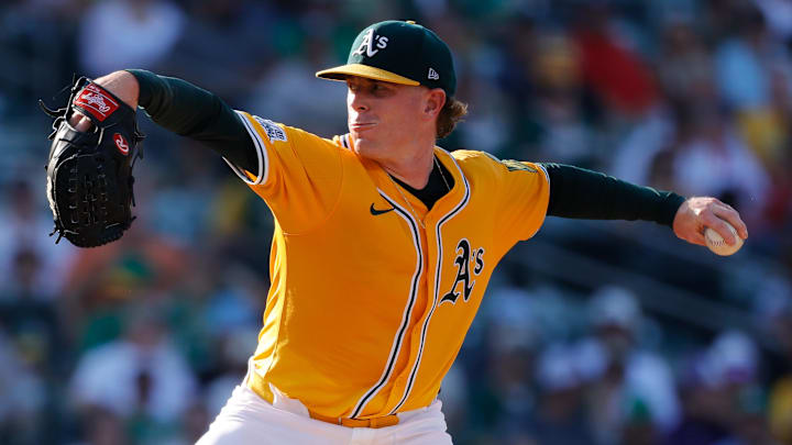 Jul 10, 2025; West Sacramento, California, USA; Athletics starting pitcher JP Sears (38) throws a pitch during the second inning against the Atlanta Braves at Sutter Health Park. Mandatory Credit: Sergio Estrada-Imagn Images Jul 10, 2025; West Sacramento, California, USA; Athletics starting pitcher JP Sears (38) throws a pitch during the second inning against the Atlanta Braves at Sutter Health Park. Mandatory Credit: Sergio Estrada-Imagn Images