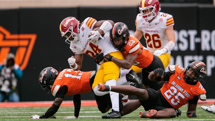 Former Iowa State Cyclones running back Abu Sama (24) looks like a man among boys in the Wisconsin Badgers weight room.