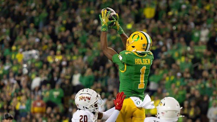 Oregon wide receiver Traeshon Holden hauls in a pass as the Oregon Ducks host the Maryland Terrapins at Autzen Stadium on Saturday, Nov. 9, 2024, in Eugene, Ore.