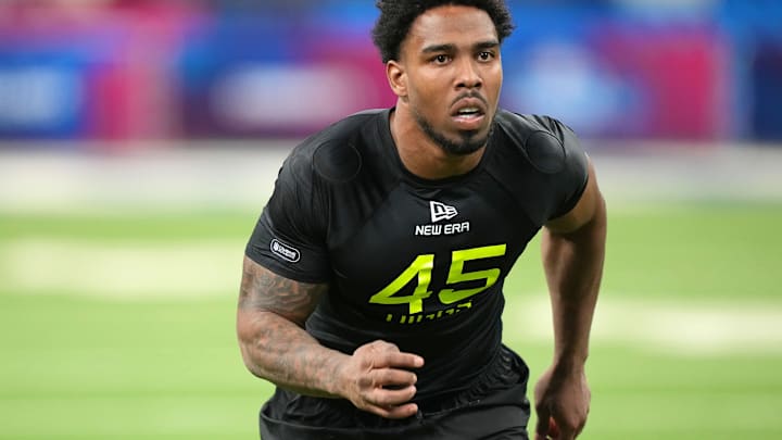 Feb 27, 2025; Indianapolis, IN, USA; Syracuse defensive lineman Fadil Diggs (DL45) participates in drills during the 2025 NFL Combine at Lucas Oil Stadium. 