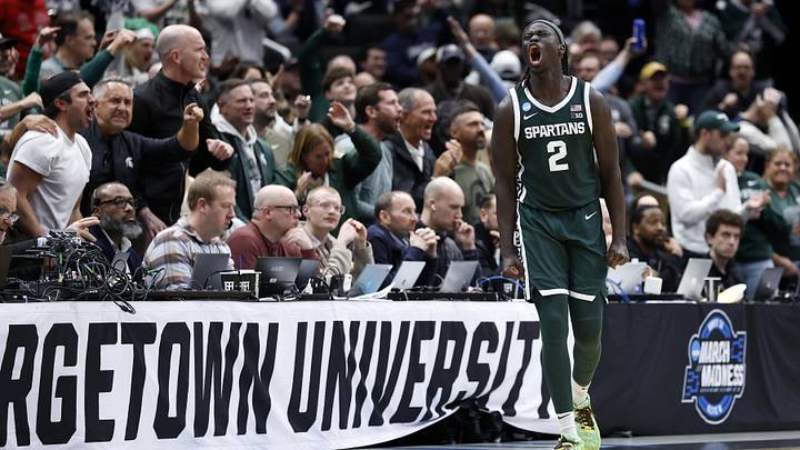 Mar 27, 2026; Washington, DC, USA; Michigan State Spartans guard Kur Teng (2) reacts against the UConn Huskies in the first half during a Sweet Sixteen game of the East Regional of the men's 2026 NCAA Tournament at Capital One Arena. Mandatory Credit: Amber Searls-Imagn Images