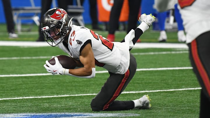 Sep 15, 2024; Detroit, Michigan, USA; Tampa Bay Buccaneers cornerback Zyon McCollum (27) intercepts a pass from Detroit Lions quarterback Jared Goff (not pictured) in the first quarter at Ford Field. Mandatory Credit: Eamon Horwedel-Imagn Images