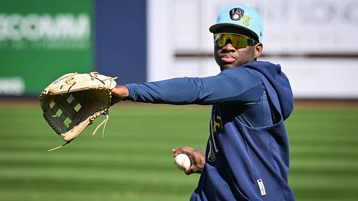 Milwaukee Brewers outfielder Luis Lara plays catch during spring training workouts Tuesday, February 17, 2026, at American Family Fields of Phoenix in Phoenix, Arizona.