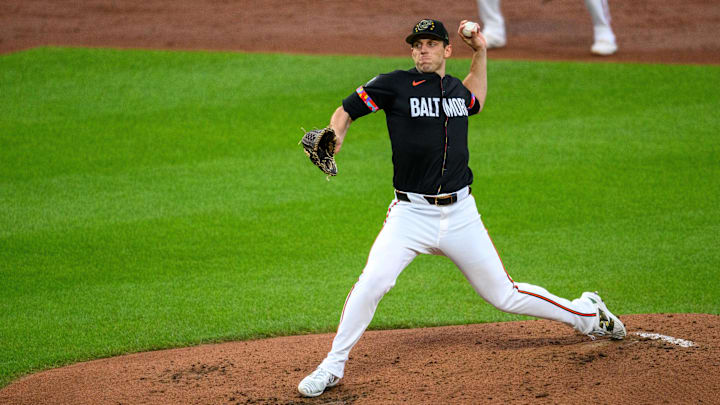 May 17, 2024; Baltimore, Maryland, USA; Baltimore Orioles pitcher John Means (47) throws a pitch during the second inning against the Seattle Mariners at Oriole Park at Camden Yards. Mandatory Credit: Reggie Hildred-USA TODAY Sports