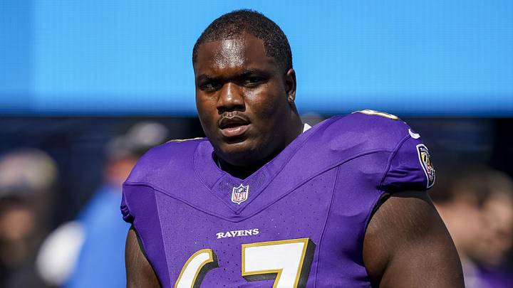 Sep 14, 2025; Baltimore, Maryland, USA; Baltimore Ravens center Corey Bullock (67) before the game against the Cleveland Browns at M&T Bank Stadium. Mandatory Credit: Mitch Stringer-Imagn Images