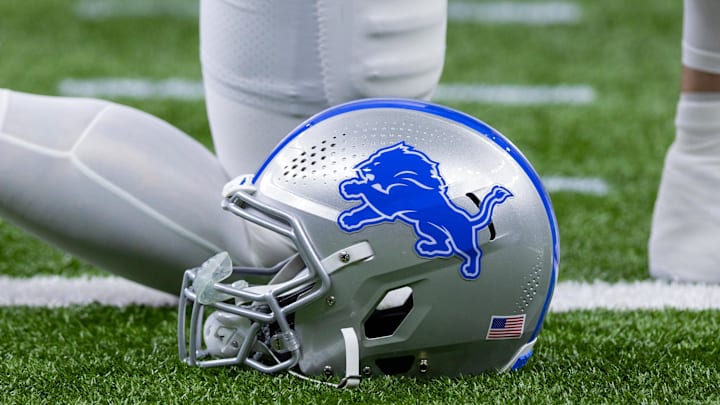 Dec 3, 2023; New Orleans, Louisiana, USA; Detailed view of the Detroit Lions helmet during warmups before the game against the New Orleans Saints at Caesars Superdome. Mandatory Credit: Stephen Lew-Imagn Images
