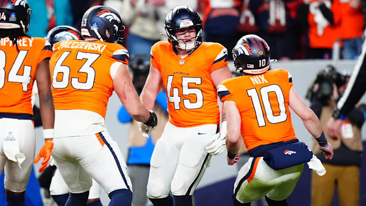 Dec 15, 2024; Denver, Colorado, USA; Denver Broncos tight end Nate Adkins (45) celebrates his touchdown with Denver Broncos quarterback Bo Nix (10) and offensive tackle Alex Palczewski (63) in the fourth quarter against the Indianapolis Colts at Empower Field at Mile High. 
