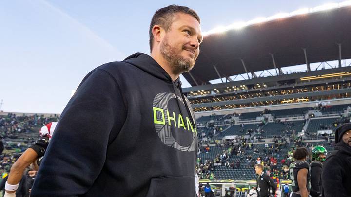 Oregon head coach Dan Lanning walks off after his win as the Oregon Ducks host the USC Trojans on Nov. 22, 2025, at Autzen Stadium in Eugene, Oregon. Oregon head coach Dan Lanning walks off after his win as the Oregon Ducks host the USC Trojans on Nov. 22, 2025, at Autzen Stadium in Eugene, Oregon.