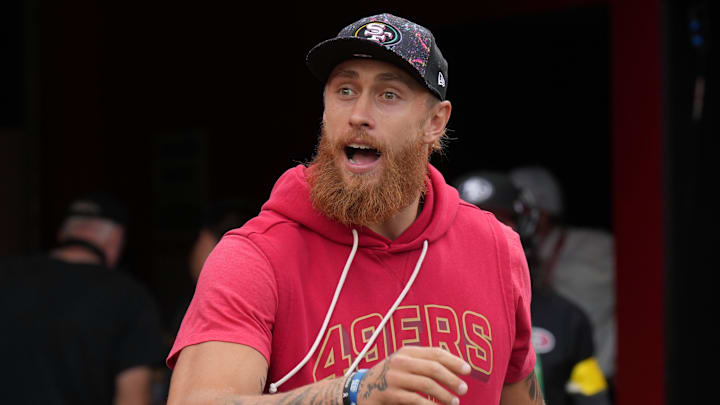 Sep 28, 2025; Santa Clara, California, USA; San Francisco 49ers tight end George Kittle (85) before the game against the Jacksonville Jaguars at Levi's Stadium. Mandatory Credit: Darren Yamashita-Imagn Images Sep 28, 2025; Santa Clara, California, USA; San Francisco 49ers tight end George Kittle (85) before the game against the Jacksonville Jaguars at Levi's Stadium. Mandatory Credit: Darren Yamashita-Imagn Images