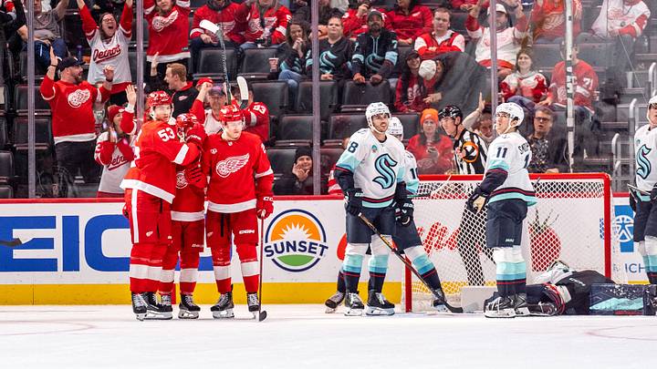 Oct 9, 2026; Detroit, Michigan, USA;  The Detroit Red Wings celebrate a goal against the Seattle Kraken in the third period at Little Caesars Arena.  Mandatory Credit: Paul Barnick-Imagn Images