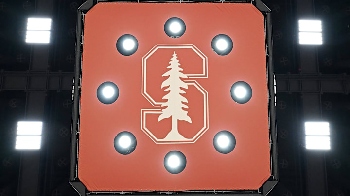 Feb 10, 2024; Stanford, California, USA; The Stanford Cardinal logo on the video board  before the game between the Stanford Cardinal and the USC Trojans at Maples Pavilion. Mandatory Credit: Robert Edwards-Imagn Images