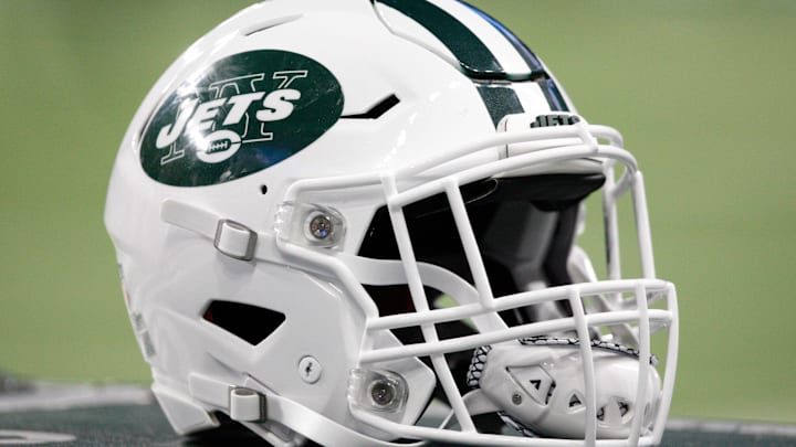 Sep 10, 2018; Detroit, MI, USA; New York Jets helmet sits near the bench before the game against the Detroit Lions at Ford Field. Mandatory Credit: Raj Mehta-Imagn Images