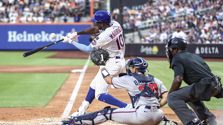 Jun 25, 2025; New York City, New York, USA; New York Mets second baseman Ronny Mauricio (10) hits a solo home run in the third inning against the Atlanta Braves at Citi Field. Mandatory Credit: Wendell Cruz-Imagn Images Jun 25, 2025; New York City, New York, USA; New York Mets second baseman Ronny Mauricio (10) hits a solo home run in the third inning against the Atlanta Braves at Citi Field. Mandatory Credit: Wendell Cruz-Imagn Images