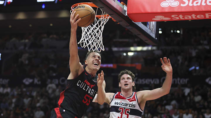 Nov 3, 2023; Miami, Florida, USA; Miami Heat forward Duncan Robinson (55) drives to the basket; Credit: Sam Navarro-USA TODAY Sports