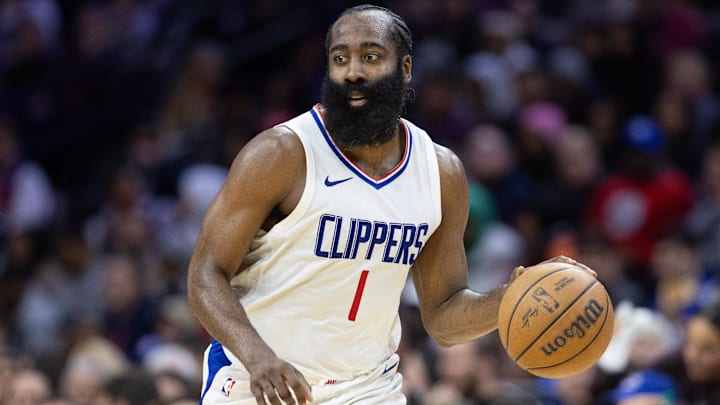 LA Clippers guard James Harden (1) dribbles the ball Philadelphia 76ers during the third quarter at Wells Fargo Center.