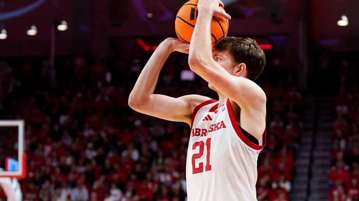 Nebraska forward Pryce Sandfort shoots a three-point shot against Northwestern on Feb 14, 2026. Nebraska forward Pryce Sandfort shoots a three-point shot against Northwestern on Feb 14, 2026.