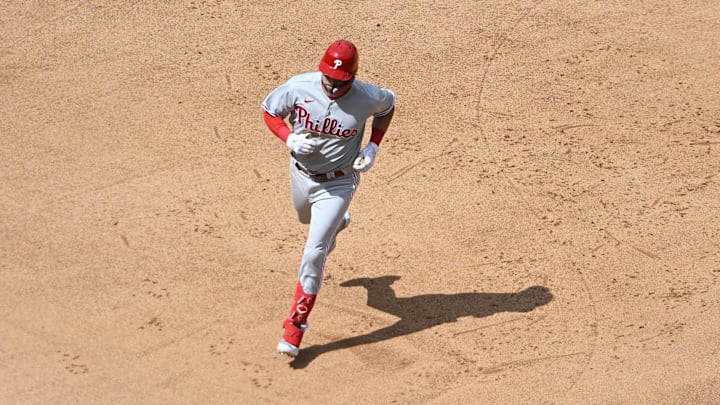 Jun 4, 2023; Washington, District of Columbia, USA; Philadelphia Phillies third baseman Drew Ellis (35) rounds the bases after hitting a home run against the Washington Nationals during the seventh inning at Nationals Park. 