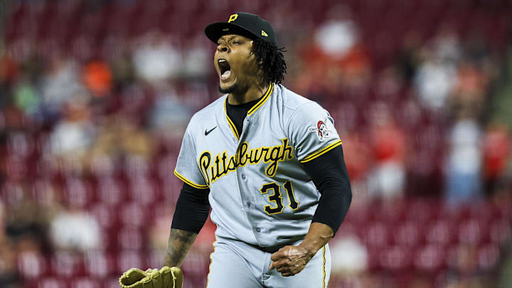 Mar 31, 2026; Cincinnati, Ohio, USA; Pittsburgh Pirates relief pitcher Gregory Soto (31) reacts after the victory over the Cincinnati Reds at Great American Ball Park. Mandatory Credit: Katie Stratman-Imagn Images
