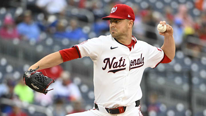 Aug 21, 2025; Washington, District of Columbia, USA; Washington Nationals starting pitcher MacKenzie Gore (1) throws to the New York Mets during the second inning at Nationals Park. Mandatory Credit: Brad Mills-Imagn Images Aug 21, 2025; Washington, District of Columbia, USA; Washington Nationals starting pitcher MacKenzie Gore (1) throws to the New York Mets during the second inning at Nationals Park. Mandatory Credit: Brad Mills-Imagn Images