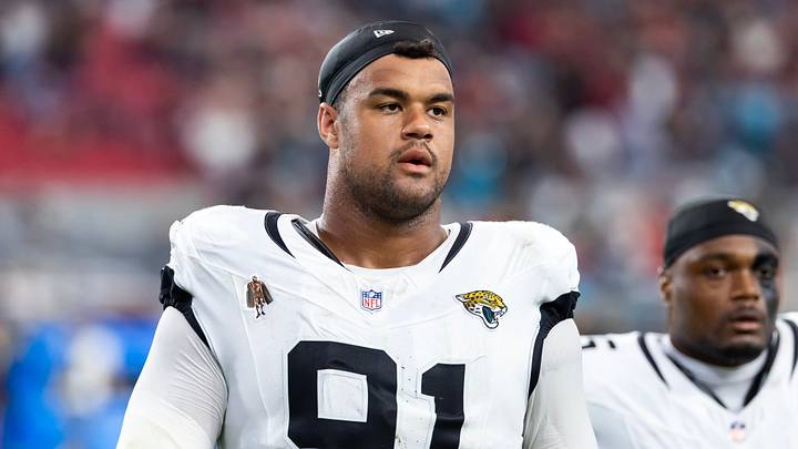 Nov 23, 2025; Glendale, Arizona, USA; Jacksonville Jaguars defensive tackle Arik Armstead (91) against the Arizona Cardinals at State Farm Stadium. Mandatory Credit: Mark J. Rebilas-Imagn Images Nov 23, 2025; Glendale, Arizona, USA; Jacksonville Jaguars defensive tackle Arik Armstead (91) against the Arizona Cardinals at State Farm Stadium. Mandatory Credit: Mark J. Rebilas-Imagn Images