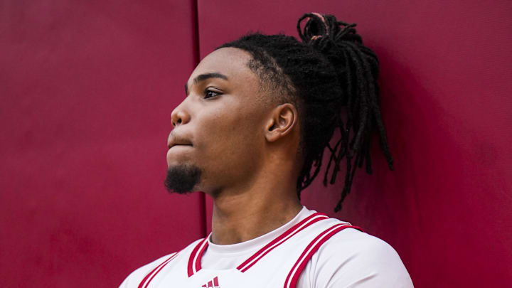 Sept. 18, 2024, Bloomington, IN, USA; Indiana Hoosiers guard Jakai Newton answers a question during IU men’s and women’s basketball media day at Simon Skjodt Assembly Hall. Grace Smith/USA TODAY Network via Imagn Images
