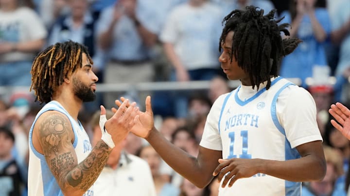 Mar 8, 2025; Chapel Hill, North Carolina, USA; North Carolina Tar Heels guard RJ Davis (4) with guard Ian Jackson (11) before the game at Dean E. Smith Center. Mandatory Credit: Bob Donnan-Imagn Images