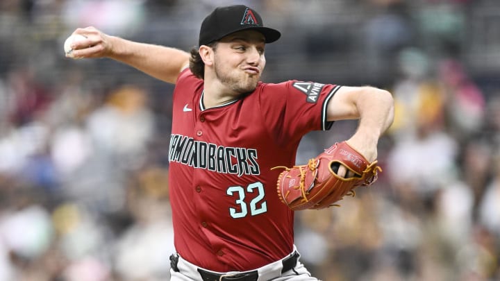 Jun 7, 2024; San Diego, California, USA; Arizona Diamondbacks starting pitcher Brandon Pfaadt (32) delivers during the first inning against the San Diego Padres at Petco Park. Mandatory Credit: Denis Poroy-USA TODAY Sports at Petco Park. 