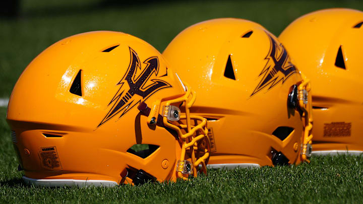 March 30, 2022;  Tempe, AZ, USA; ASU helmets during a practice at Kajikawa Practice fields.

Football Asu Fb