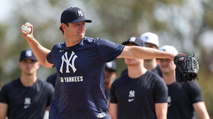 Feb 12, 2025; Tampa, FL, USA; New York Yankees starting pitcher Gerrit Cole (45) participates in spring training workouts at George M. Steinbrenner Field. Mandatory Credit: Nathan Ray Seebeck-Imagn Images