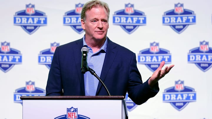 NFL Commissioner Roger Goodell speaks Aug. 14, 2023 at Johnsonville Tailgate Village in Green Bay during a promotional event for the 2025 NFL Draft, which will be held in and around Lambeau Field.