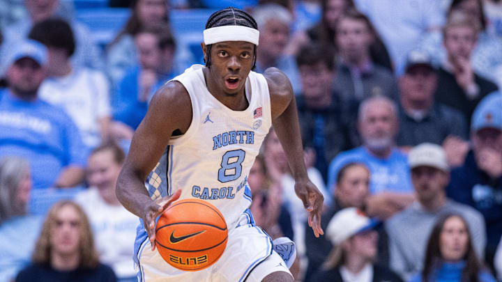 Dec 22, 2025; Chapel Hill, North Carolina, USA; North Carolina Tar Heels forward Caleb Wilson (8) brings the ball up court against the East Carolina Pirates during the second half at Dean E. Smith Center. Mandatory Credit: Scott Kinser-Imagn Images