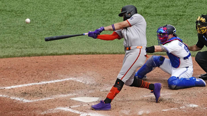 Jul 19, 2025; Toronto, Ontario, CAN; San Francisco Giants shortstop Willy Adames (2) hits his second home run of the game against the Toronto Blue Jays during the seventh inning at Rogers Centre. Jul 19, 2025; Toronto, Ontario, CAN; San Francisco Giants shortstop Willy Adames (2) hits his second home run of the game against the Toronto Blue Jays during the seventh inning at Rogers Centre.