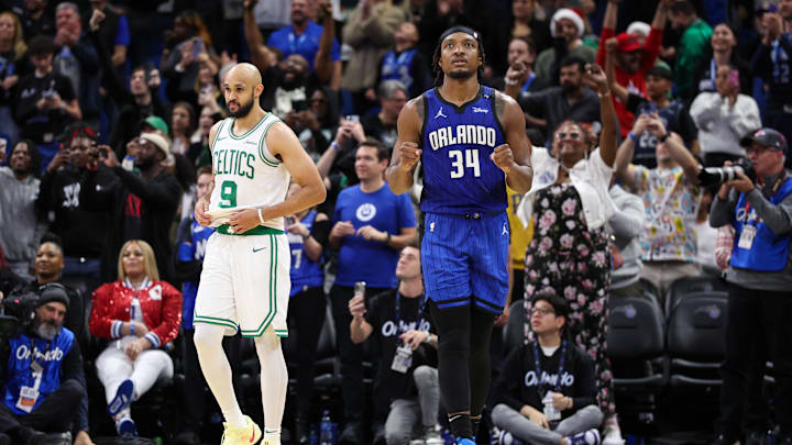 Orlando Magic center Wendell Carter Jr. (34) celebrates after beating the Boston Celtics at Kia Center. Orlando Magic center Wendell Carter Jr. (34) celebrates after beating the Boston Celtics at Kia Center.