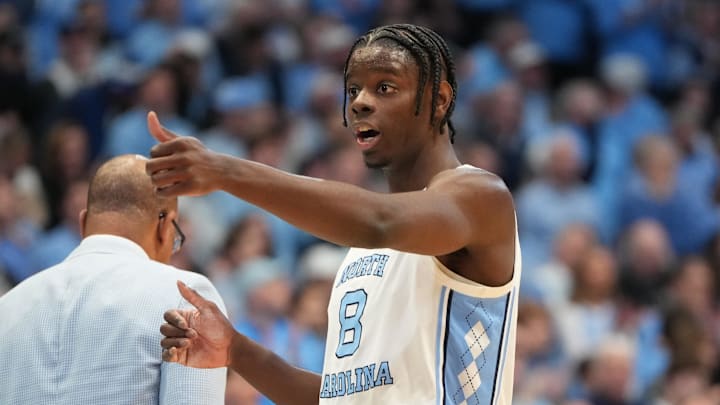 Feb 7, 2026; Chapel Hill, North Carolina, USA; North Carolina Tar Heels forward Caleb Wilson (8) reacts in the first half at Dean E. Smith Center. Mandatory Credit: Bob Donnan-Imagn Images Feb 7, 2026; Chapel Hill, North Carolina, USA; North Carolina Tar Heels forward Caleb Wilson (8) reacts in the first half at Dean E. Smith Center. Mandatory Credit: Bob Donnan-Imagn Images