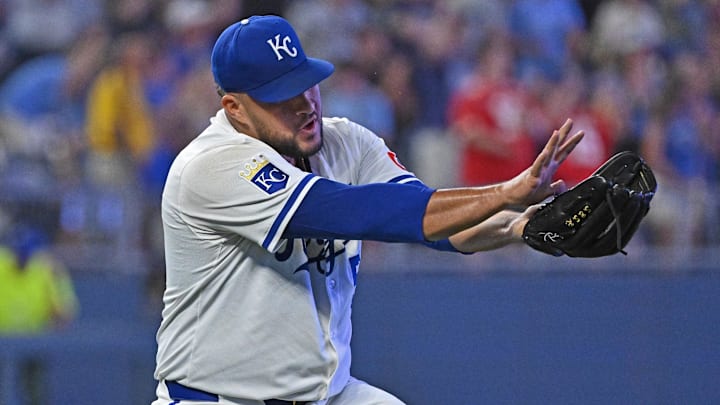 Jul 9, 2025; Kansas City, Missouri, USA; Kansas City Royals relief pitcher Carlos Estevez (53) reacts after beating the the Pittsburgh Pirates at Kauffman Stadium. Mandatory Credit: Peter Aiken-Imagn Images Jul 9, 2025; Kansas City, Missouri, USA; Kansas City Royals relief pitcher Carlos Estevez (53) reacts after beating the the Pittsburgh Pirates at Kauffman Stadium. Mandatory Credit: Peter Aiken-Imagn Images