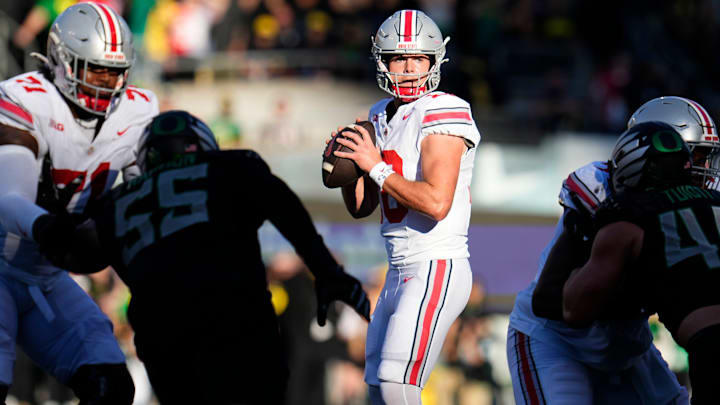 Oct 12, 2024; Eugene, Oregon, USA; Ohio State Buckeyes quarterback Will Howard (18) looks to throw during the first half of the NCAA football game against the Oregon Ducks at Autzen Stadium