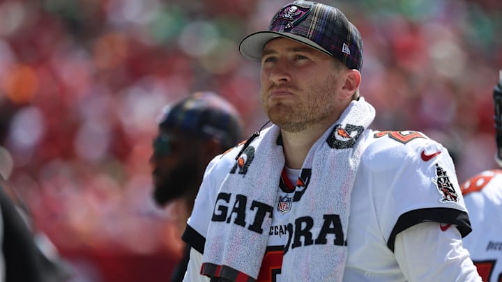 Thanks to a rare loophole, the Tampa Bay Buccaneers were able to get a bargain re-signing quarterback Kyle Trask.  (Mandatory Credit: Kim Klement Neitzel-Imagn Images)