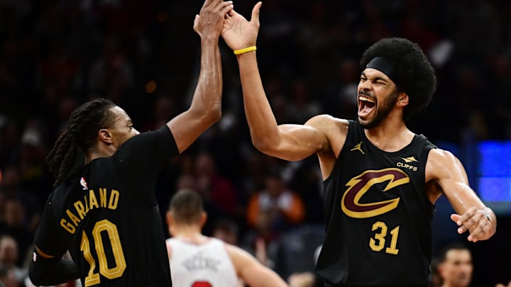 Nov 15, 2024; Cleveland, Ohio, USA; Cleveland Cavaliers guard Darius Garland (10) and center Jarrett Allen (31) celebrate during the second half against the Chicago Bulls at Rocket Mortgage FieldHouse. Mandatory Credit: Ken Blaze-Imagn Images