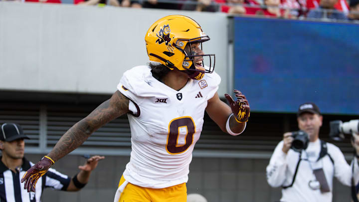 Nov 30, 2024; Tucson, Arizona, USA; Arizona State Sun Devils wide receiver Jordyn Tyson (0) against the Arizona Wildcats during the Territorial Cup at Arizona Stadium. Mandatory Credit: Mark J. Rebilas-Imagn Images